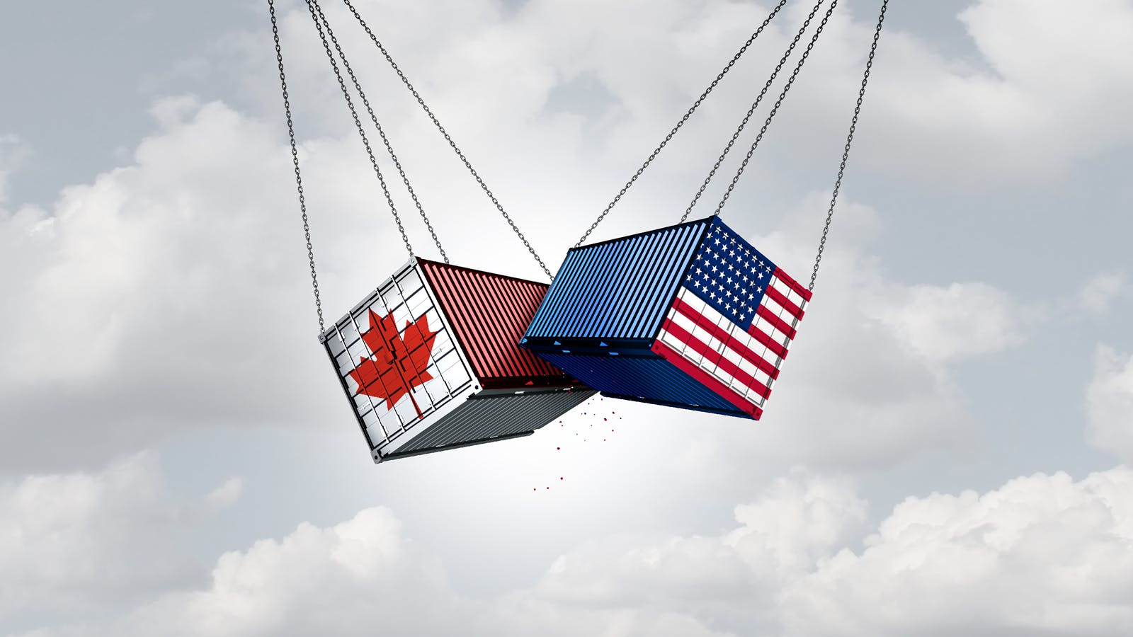 cargo swinging from chains, one is covered in US, the other with Canada