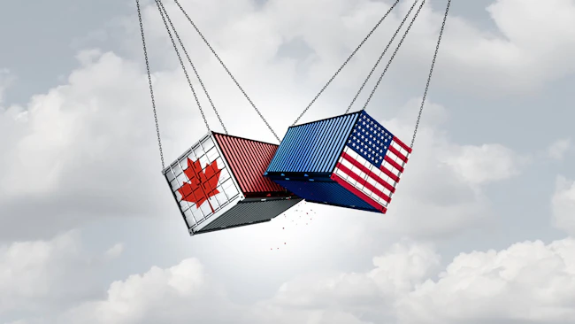 cargo swinging from chains, one is covered in US, the other with Canada