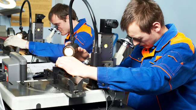 two workers examining the quality of products