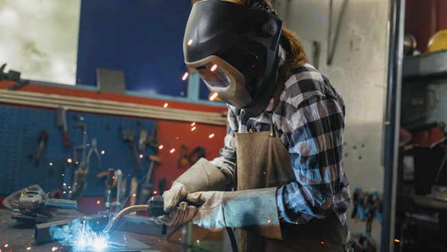 A female welder in a manufacturing shop