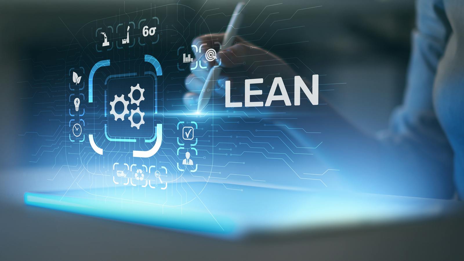bluish graphic with the word lean in big words, surrounded by other continuous improvment elements