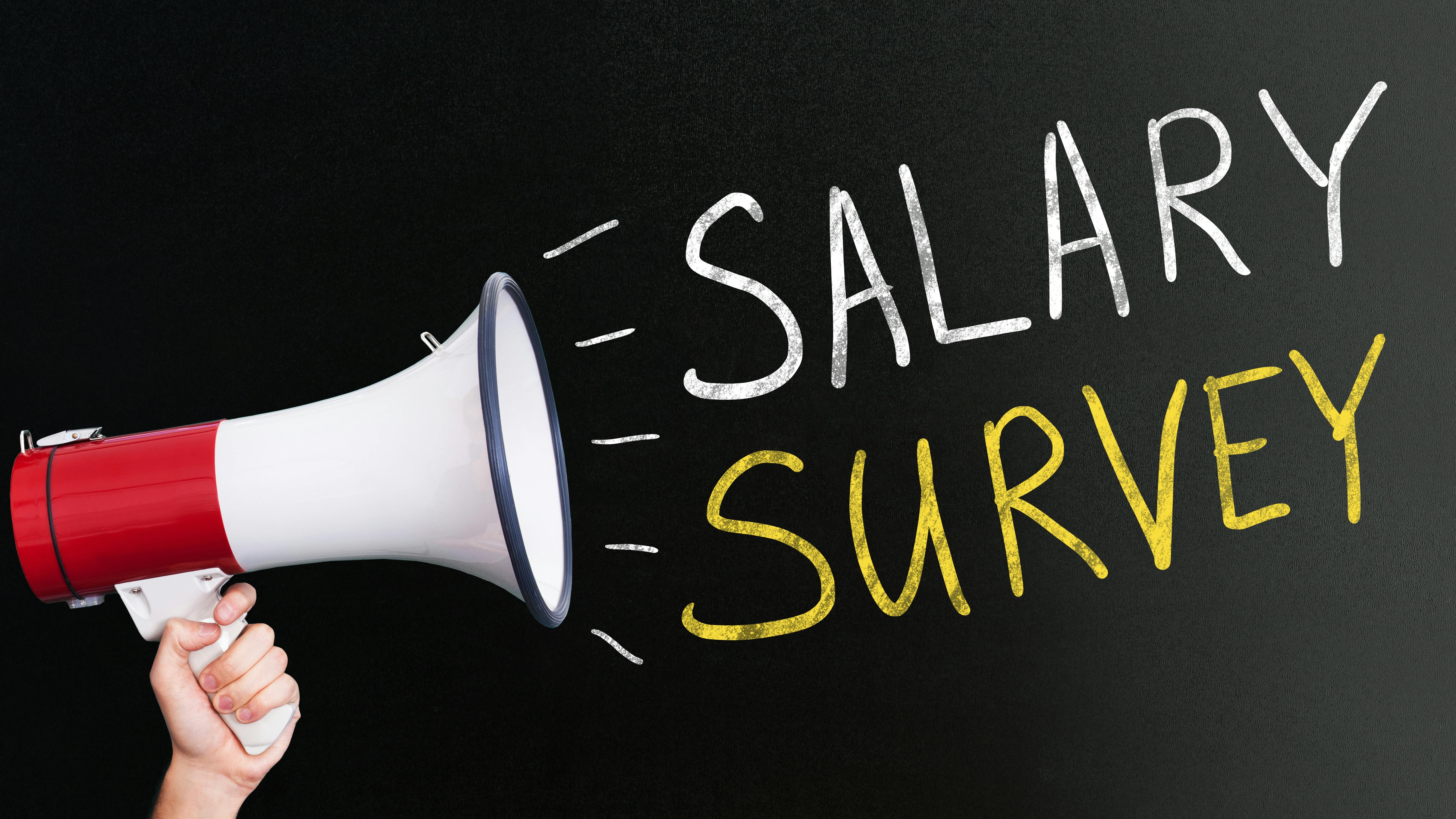 Megaphone announcing salary survey on blackboard