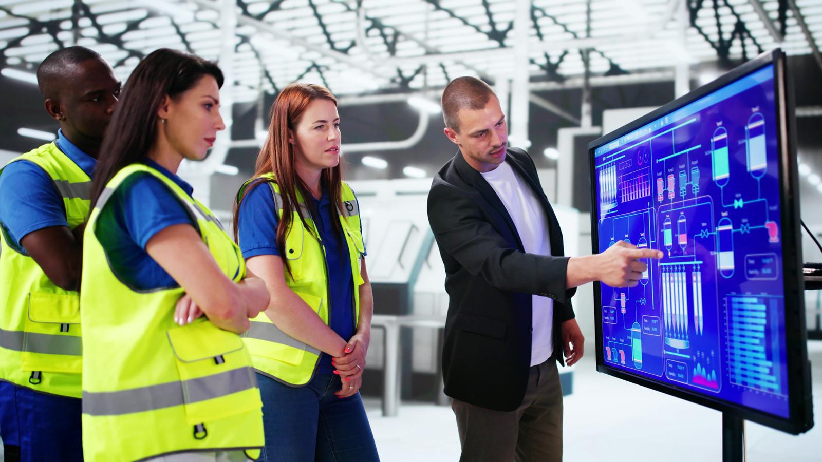 people gathered around a whiteboard covered in data