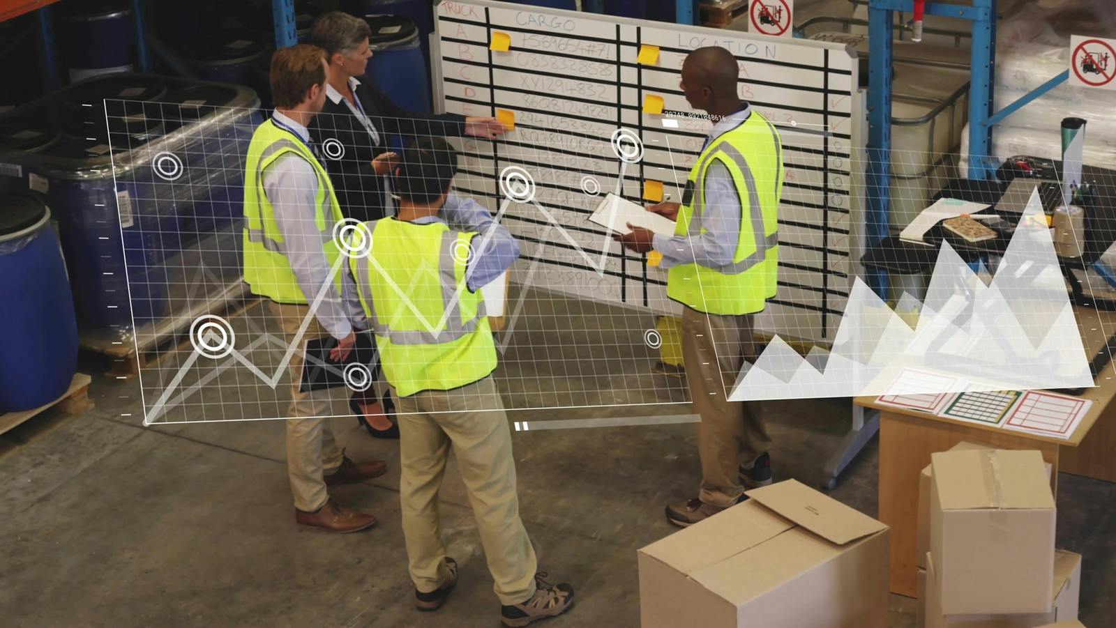 group of people gathered around whiteboard, industrial setting