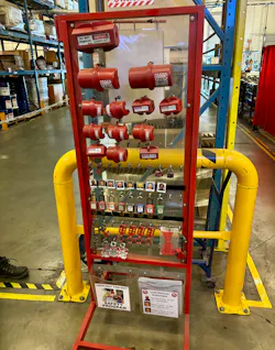A lockout-tagout station Davis designed using repurposed materials. Clarity is especially important with a multilingual workforce.